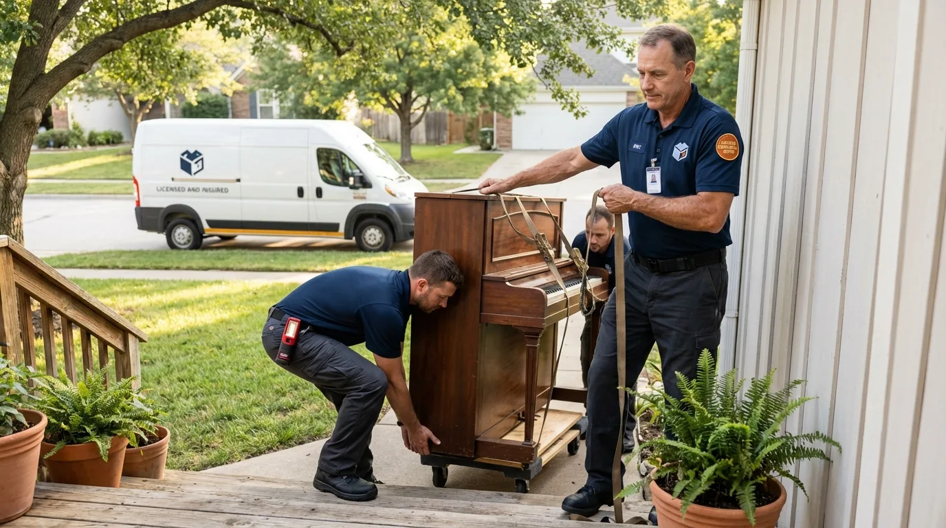 Licensed piano movers securing grand piano in Charleston, ME