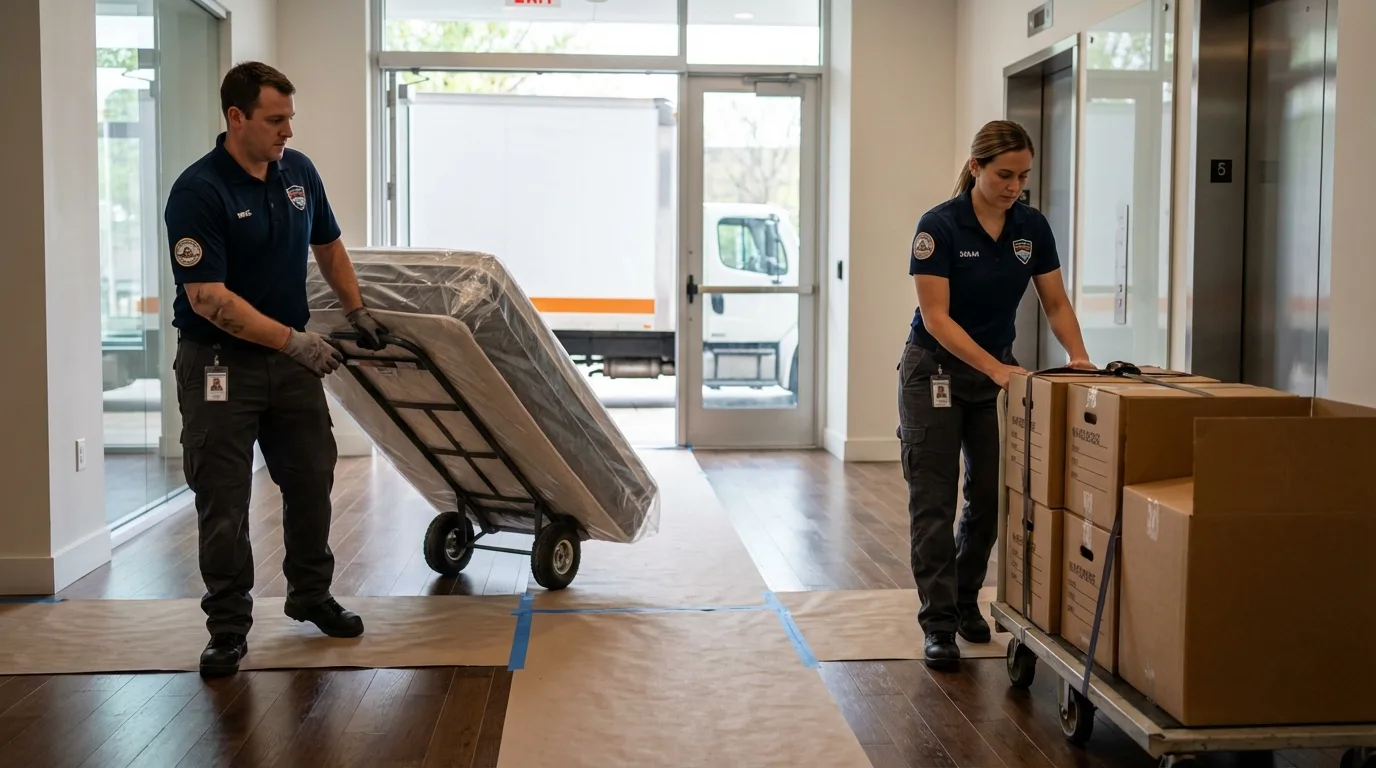Professional apartment movers loading elevator in Charleston, ME