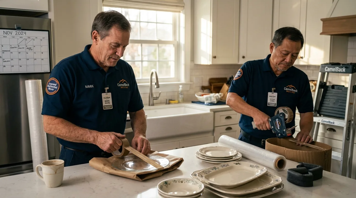 Professional crew packing kitchen dishware in Charleston, ME